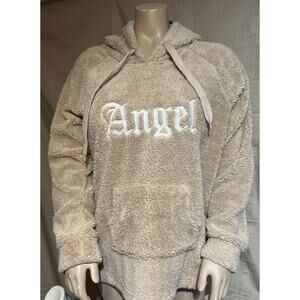 End of Story Sherpa Fleece Hoodie Women XL Tan Beige Embroidered Pullover Angel